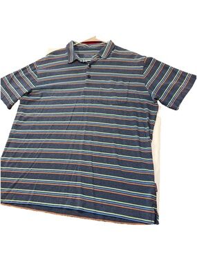 PATAGONIA Blue Orange Aqua Striped Polo Shirt Pocket COTTON short Sleeved Mens L